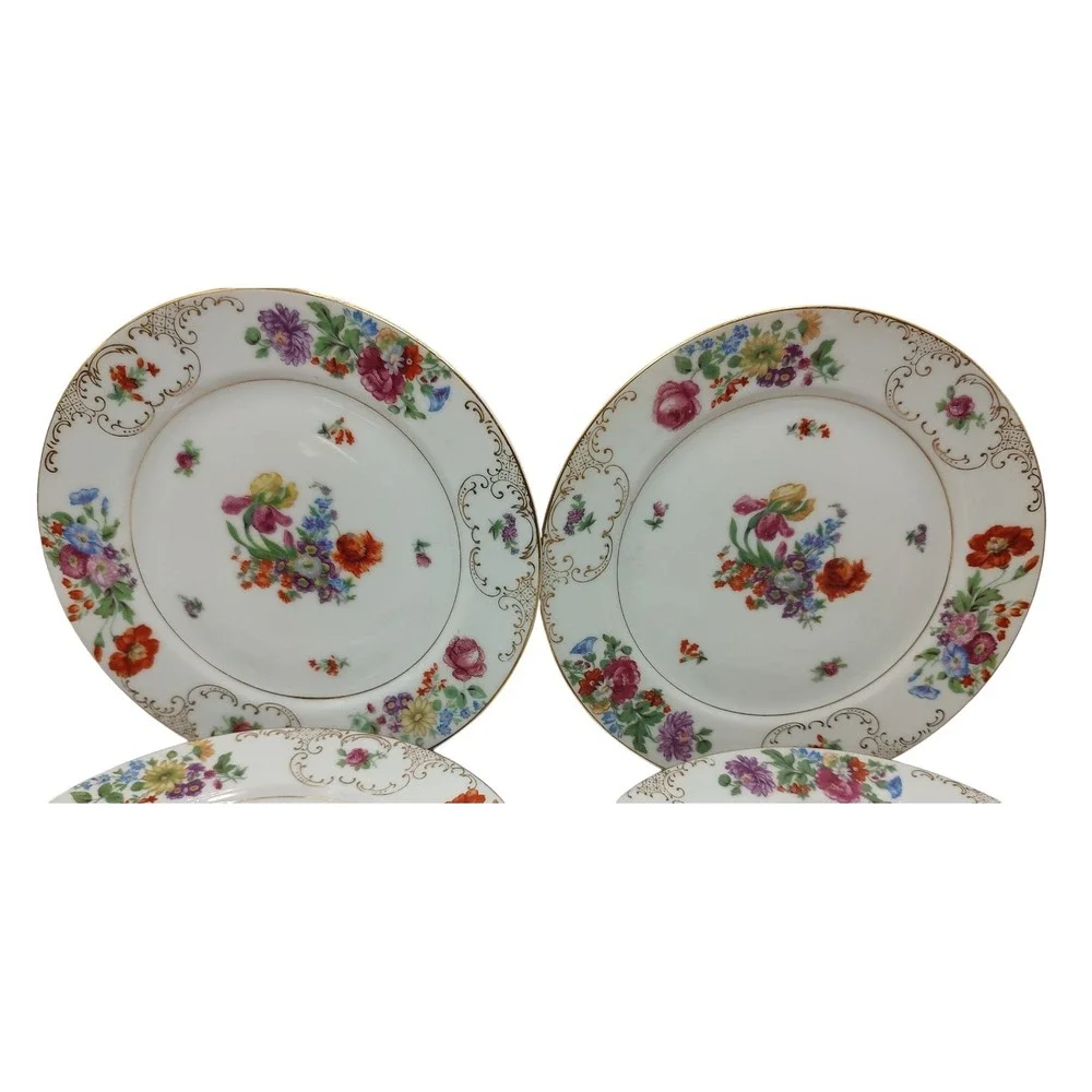 Vintage SGK China Salad Plate Floral Pattern‎ Gold Trim Scroll Set of Four